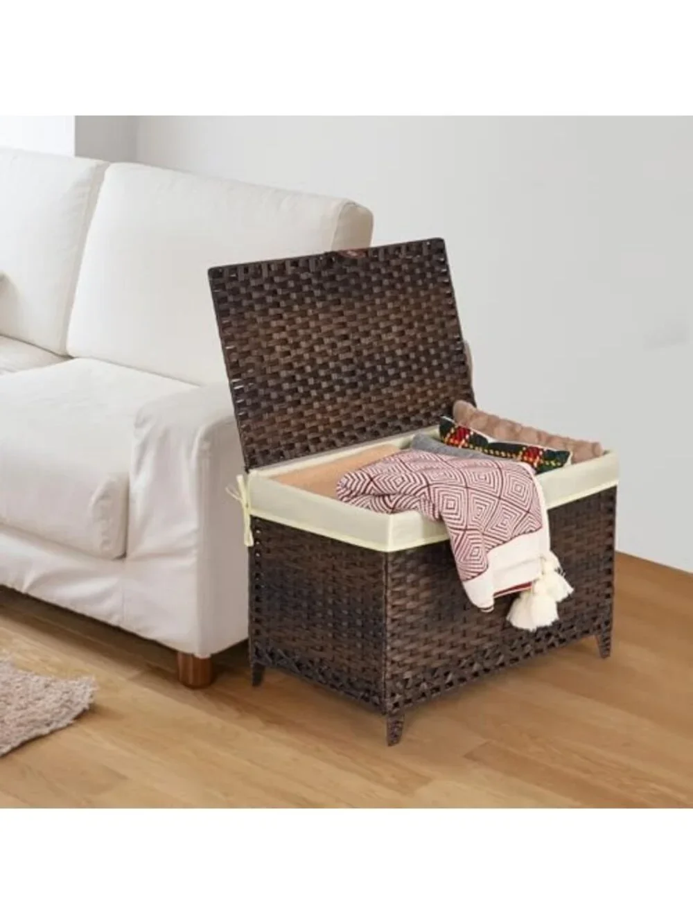 Large Wicker Storage Basket with Lid, 160L Organizer with Removable Liner Bag